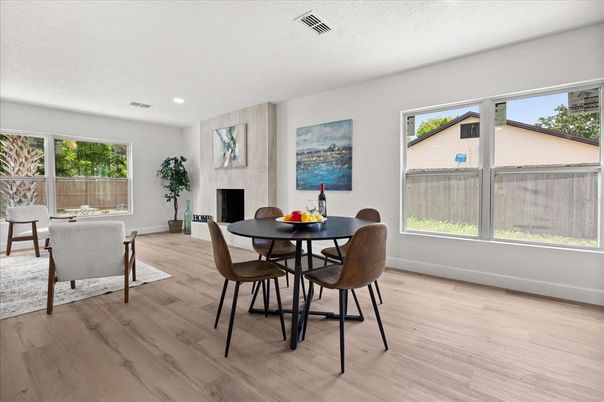 Dining room, Fireplace, Interior, Recessed Lighting, Wood Texture Flooring