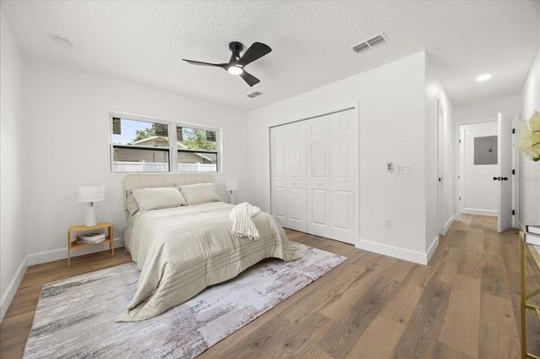 Bedroom, Interior, Recessed Lighting, Wood Texture Flooring