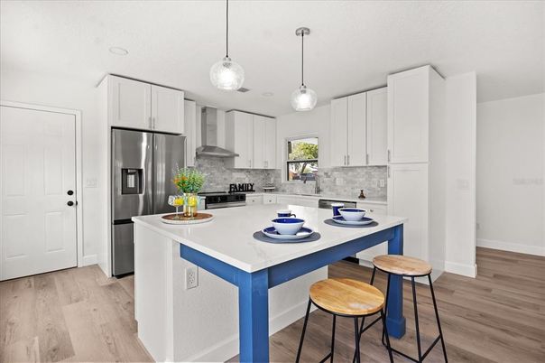 Interior, Kitchen, Pendant Lights, Stainless Steel Appliances, Wood Texture Flooring