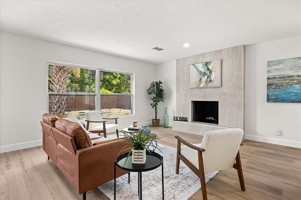 Fireplace, Interior, Living room, Recessed Lighting, Wood Texture Flooring