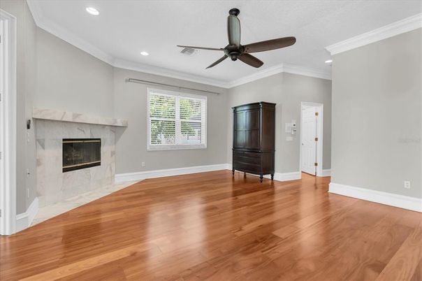 Empty room, Fireplace, Interior, Recessed Lighting, Wood Texture Flooring