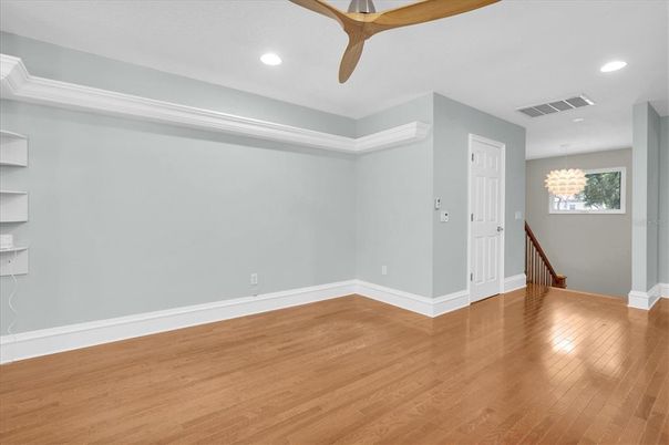 Chandelier, Empty room, Interior, Recessed Lighting, Wood Texture Flooring