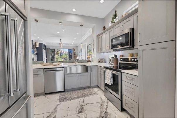 Interior, Kitchen, Marble, Pendant Lights, Recessed Lighting, Stainless Steel Appliances