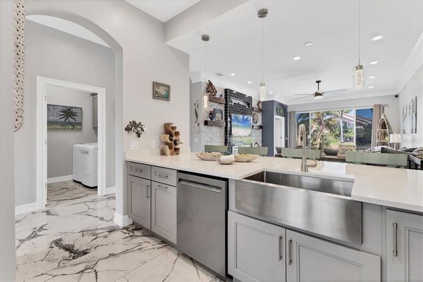 Interior, Kitchen, Marble, Pendant Lights, Recessed Lighting, Stainless Steel Appliances