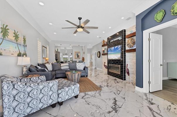 Fireplace, Interior, Living room, Marble, Recessed Lighting