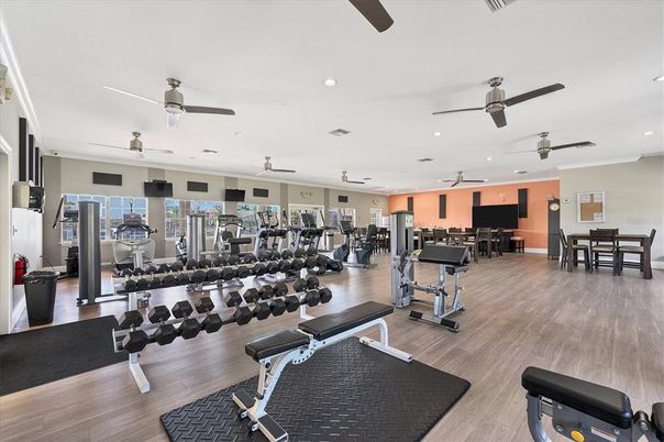 Fitness Equipment, Gym, Interior, Recessed Lighting, Wood Texture Flooring