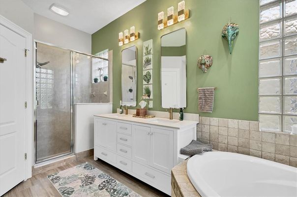 Bathroom, Glass Shower, Interior, Recessed Lighting, Wood Texture Flooring