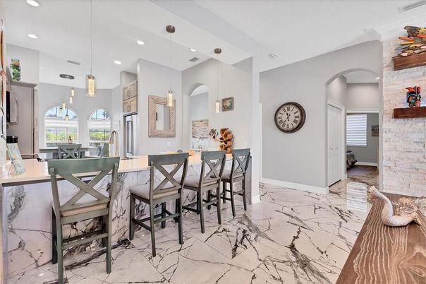 Interior, Kitchen, Marble, Pendant Lights, Recessed Lighting, Stone Walls
