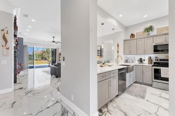 Interior, Kitchen, Marble, Recessed Lighting, Stainless Steel Appliances