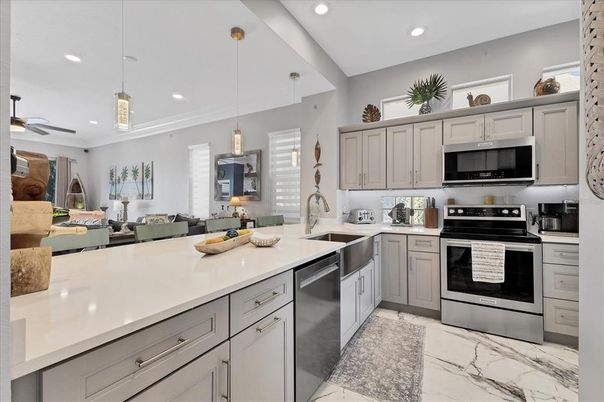 Interior, Kitchen, Marble, Pendant Lights, Recessed Lighting, Stainless Steel Appliances