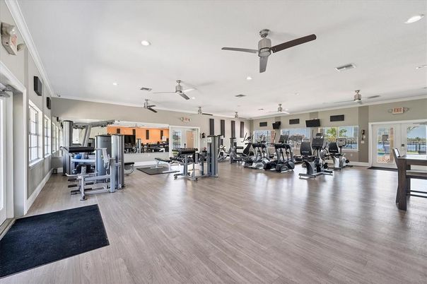 Fitness Equipment, Gym, Interior, Recessed Lighting, Wood Texture Flooring