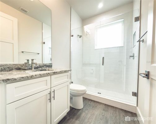 Bathroom, Glass Shower, Interior, Recessed Lighting, Wood Texture Flooring