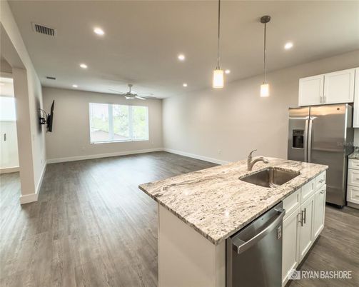 Interior, Kitchen, Pendant Lights, Recessed Lighting, Stainless Steel Appliances, Wood Texture Flooring