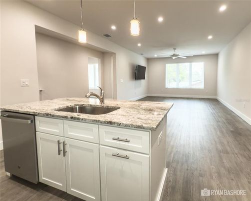 Interior, Kitchen, Pendant Lights, Recessed Lighting, Wood Texture Flooring