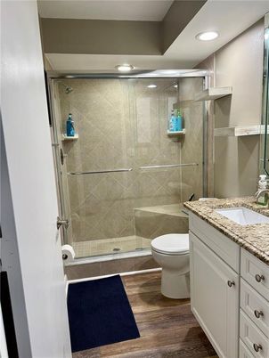 Bathroom, Glass Shower, Interior, Recessed Lighting, Wood Texture Flooring
