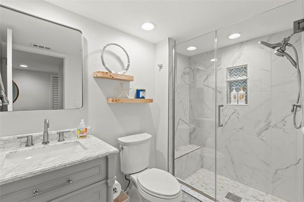 Bathroom, Glass Shower, Interior, Marble Walls, Recessed Lighting