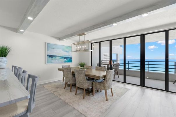 Dining room, Interior, Pendant Lights, Recessed Lighting, Water, Wood Texture Flooring