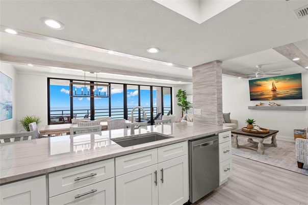 Dining room, Interior, Kitchen, Pendant Lights, Recessed Lighting, Water, Wood Texture Flooring