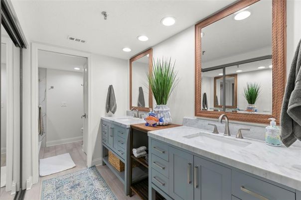 Bathroom, Dual Sink Vanities, Interior, Recessed Lighting, Wood Texture Flooring