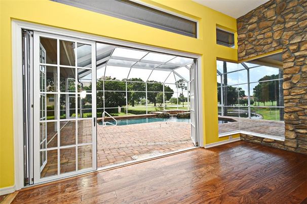 Glass Ceilings, Interior, Pool, Stone Walls, Sun Room, Wood Texture Flooring