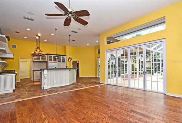Chandelier, Interior, Kitchen, Pendant Lights, Recessed Lighting, Wood Texture Flooring