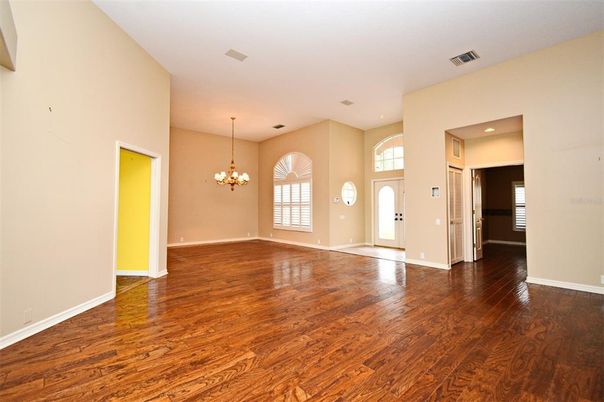 Chandelier, Empty room, Interior, Recessed Lighting, Wood Texture Flooring