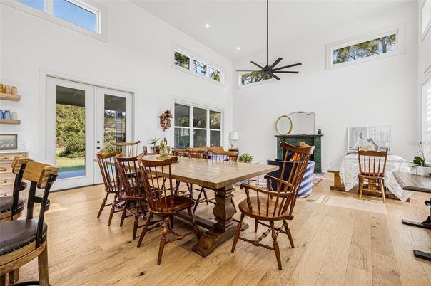 Dining room, Interior, Recessed Lighting, Wood Texture Flooring