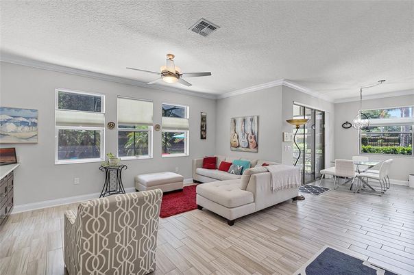 Dining room, Interior, Living room, Pendant Lights, Wood Texture Flooring