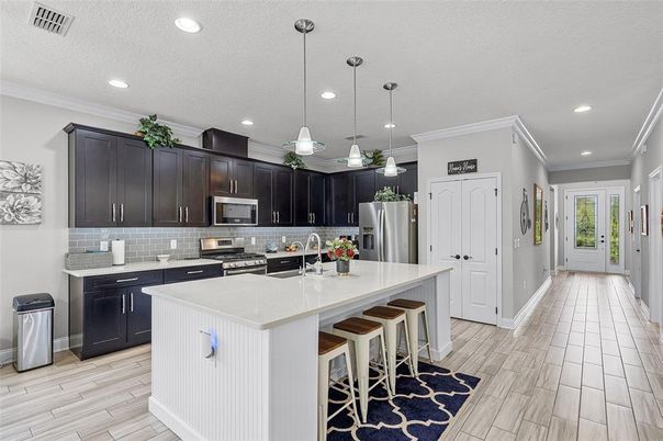 Interior, Kitchen, Pendant Lights, Recessed Lighting, Stainless Steel Appliances, Wood Texture Flooring