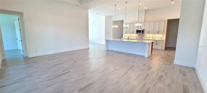 Empty room, Interior, Kitchen, Pendant Lights, Recessed Lighting, Wood Texture Flooring