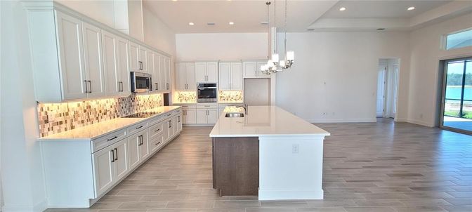 Chandelier, Interior, Kitchen, Pendant Lights, Recessed Lighting, Wood Texture Flooring