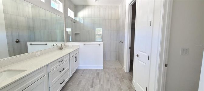 Bathroom, Dual Sink Vanities, Interior, Recessed Lighting, Wood Texture Flooring