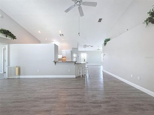 Empty room, Interior, Kitchen, Recessed Lighting, Wood Texture Flooring