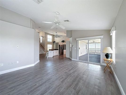 Empty room, Interior, Kitchen, Pendant Lights, Wood Texture Flooring