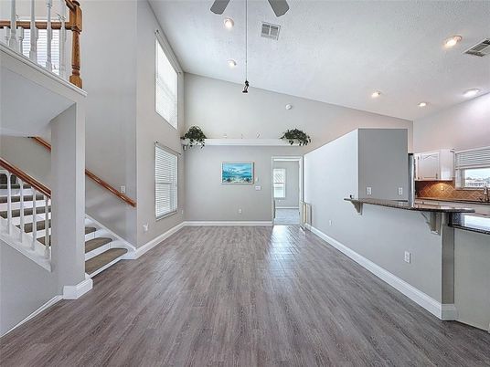 Empty room, Interior, Kitchen, Pendant Lights, Recessed Lighting, Wood Texture Flooring