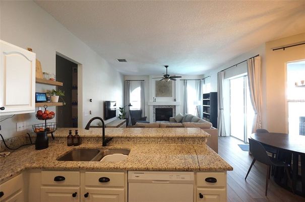 Dining room, Fireplace, Interior, Kitchen, Living room, Wood Texture Flooring