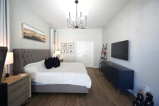Bedroom, Chandelier, Interior, Wood Texture Flooring