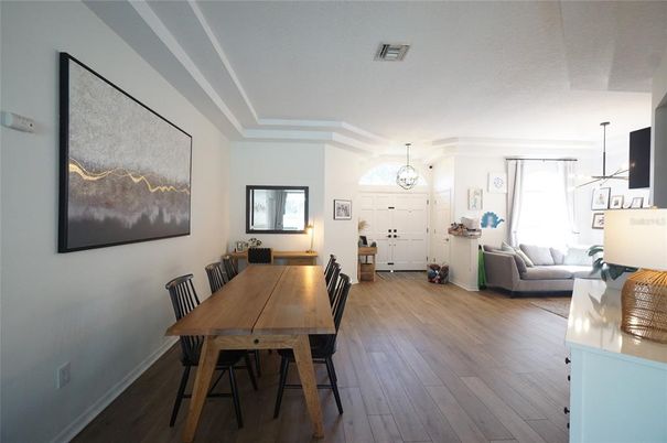 Dining room, Interior, Living room, Pendant Lights, Wood Texture Flooring