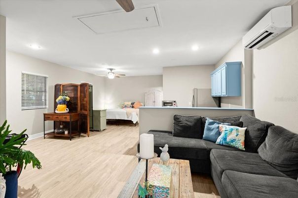 Bedroom, Interior, Living room, Recessed Lighting, Wood Texture Flooring