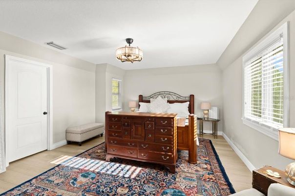 Bedroom, Chandelier, Interior, Wood Texture Flooring