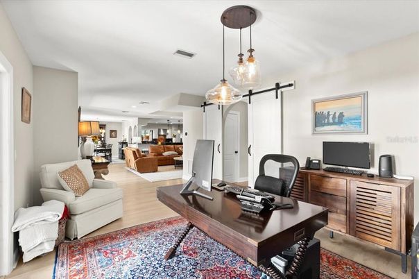 Home Office, Interior, Kitchen, Living room, Pendant Lights, Recessed Lighting, Wood Texture Flooring