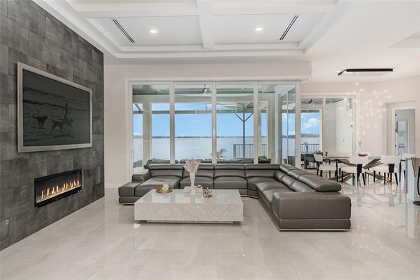 Dining room, Fireplace, Interior, Living room, Recessed Lighting, Water