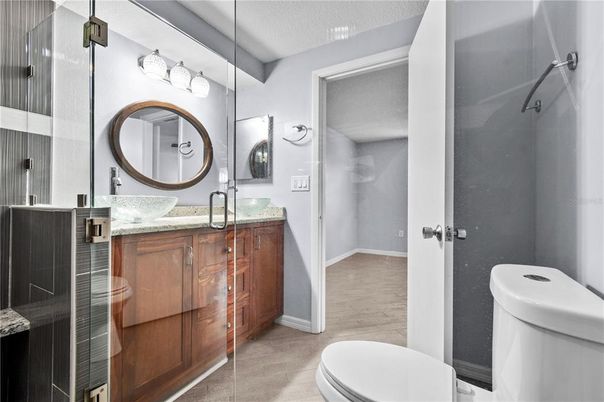 Bathroom, Glass Shower, Interior, Wood Texture Flooring
