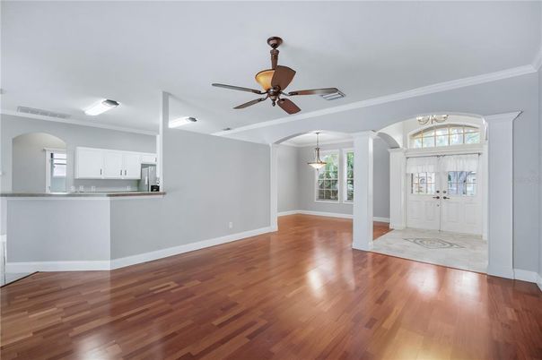 Empty room, Interior, Kitchen, Pendant Lights, Wood Texture Flooring