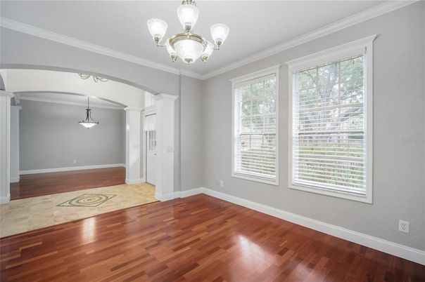 Chandelier, Empty room, Interior, Pendant Lights, Wood Texture Flooring