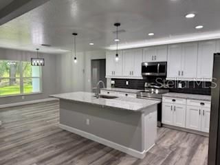 Interior, Kitchen, Pendant Lights, Recessed Lighting, Stainless Steel Appliances, Wood Texture Flooring