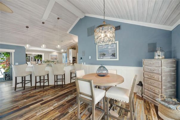 Dining room, Interior, Pendant Lights, Wood Texture Flooring