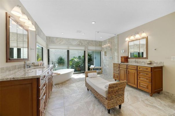 Bathroom, Dual Sink Vanities, Free Standing Baths, Glass Shower, Interior, Recessed Lighting
