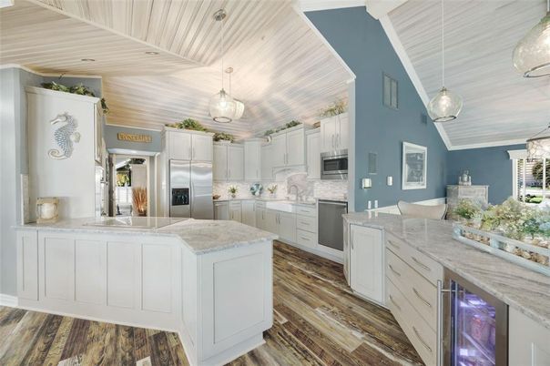 Interior, Kitchen, Pendant Lights, Stainless Steel Appliances, Wooden Ceilings, Wood Texture Flooring
