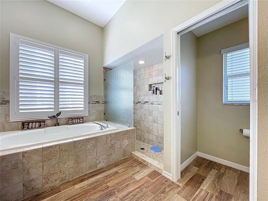 Bathroom, Interior, Recessed Lighting, Wood Texture Flooring